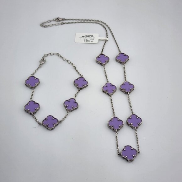 Brand New 925Sterling Silver Purple Clover 2pc Jewelry Set - Necklace & Bracelet - Picture 10 of 13